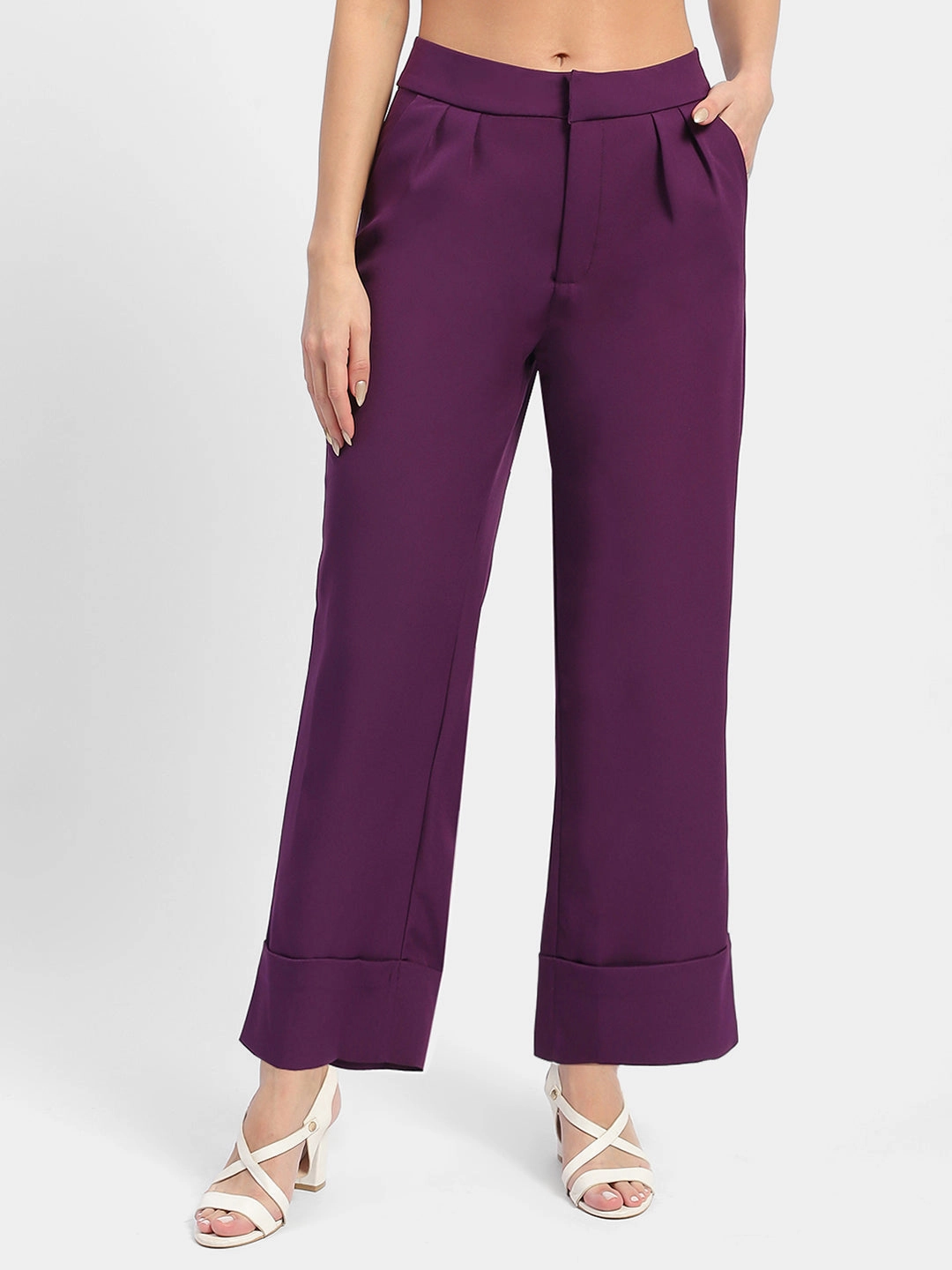 Madame Front Pleated Purple Rolled Hem Trousers Breathable Weave Fabric SecureClosureSystem
