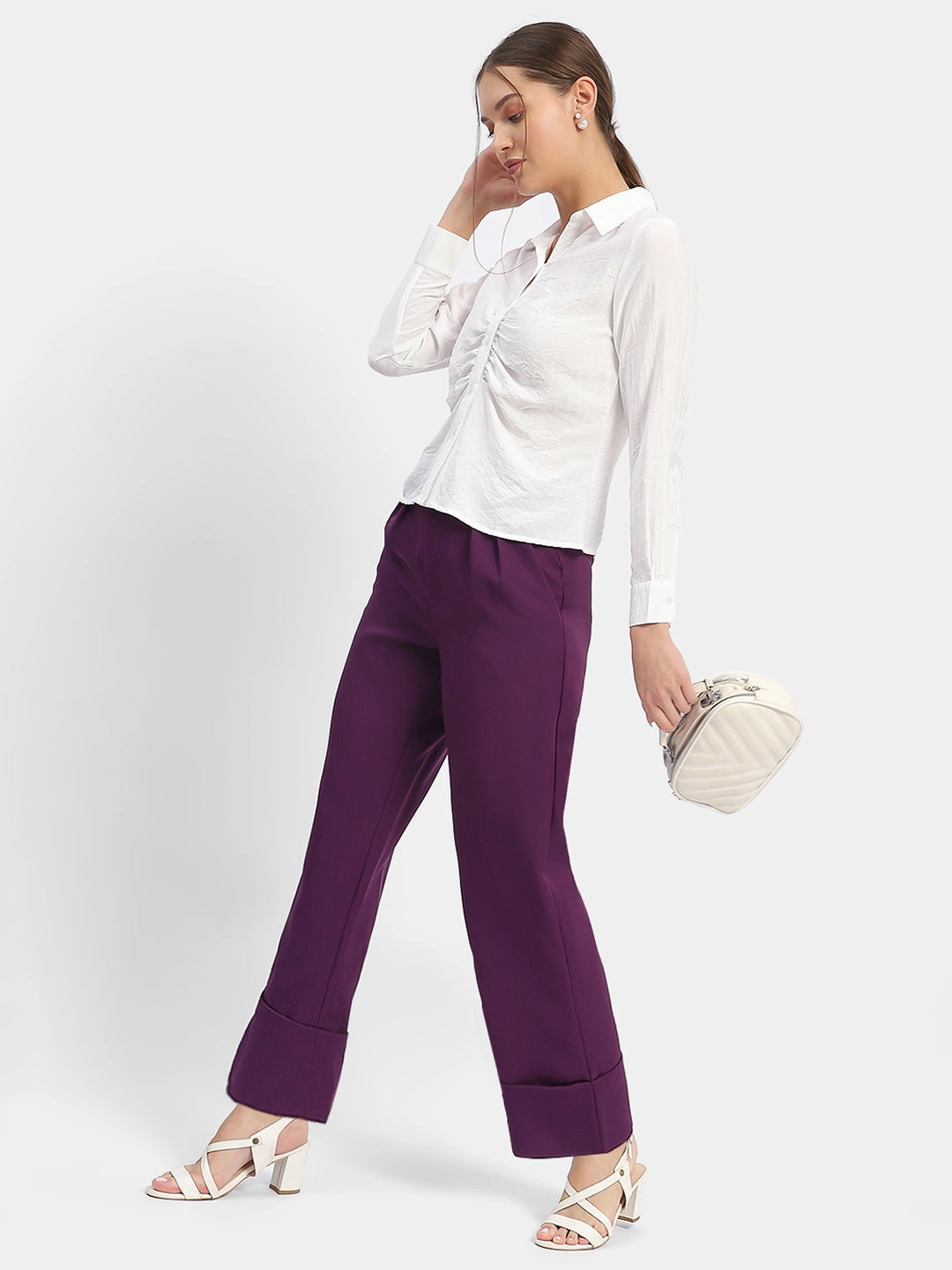 Temperature Regulating Madame Front Pleated Purple Rolled Hem Trousers