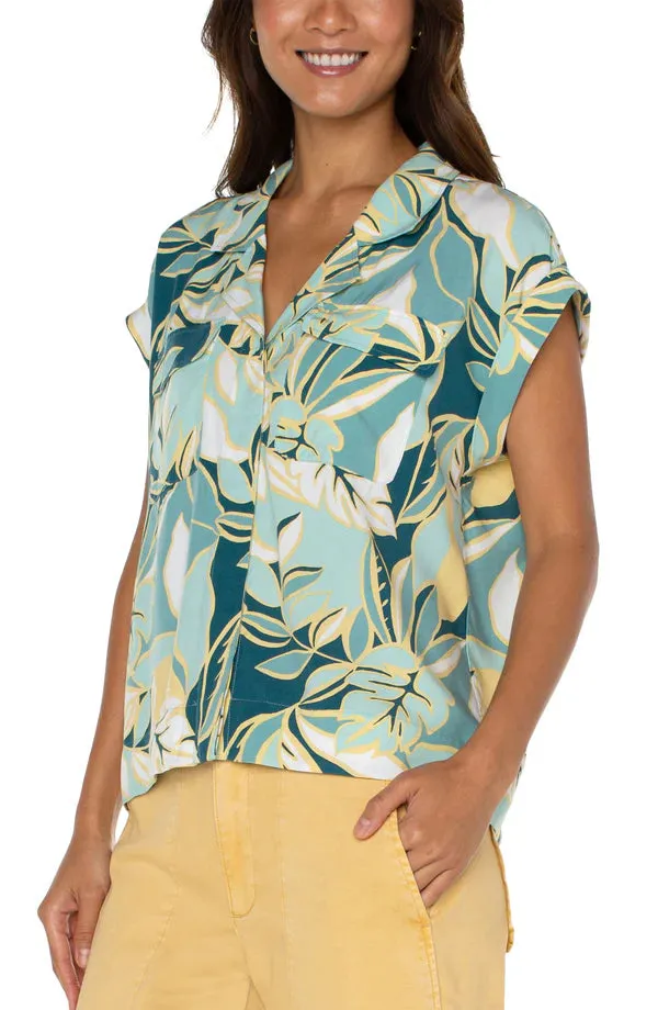 Flare Liverpool Cropped Dolman Camp Shirt WIth Hidden Placket | Teal Tropical Sporty Design