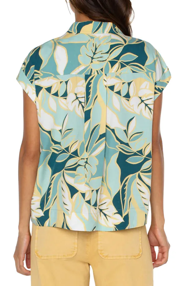 Flare Liverpool Cropped Dolman Camp Shirt WIth Hidden Placket | Teal Tropical theater visit Fade Resistant Print