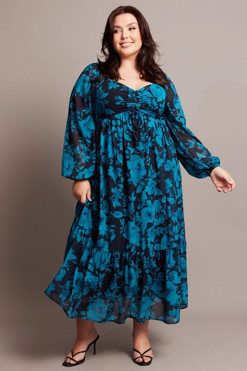 Black Floral Midi Dress Long Sleeve Ruched Front Versatile sundress
