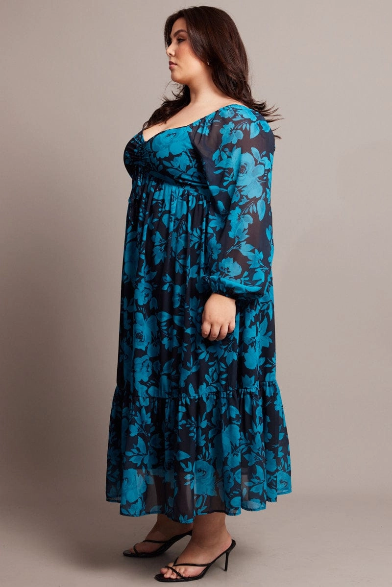 Black Floral Midi Dress Long Sleeve Ruched Front Sophisticated Waist Fit Cool Simplicity