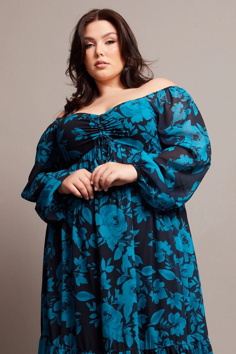 Black Floral Midi Dress Long Sleeve Ruched Front Cozy Touch