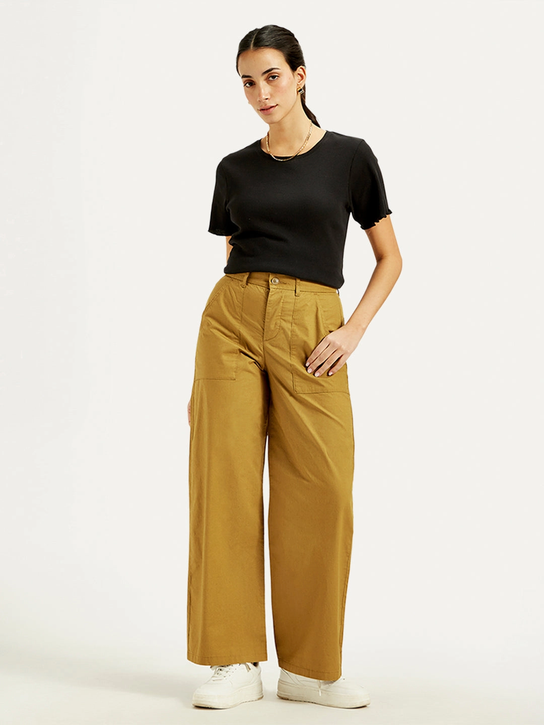 Women's Mid Rise Mustard Straight Fit Trousers Active Layers Static free