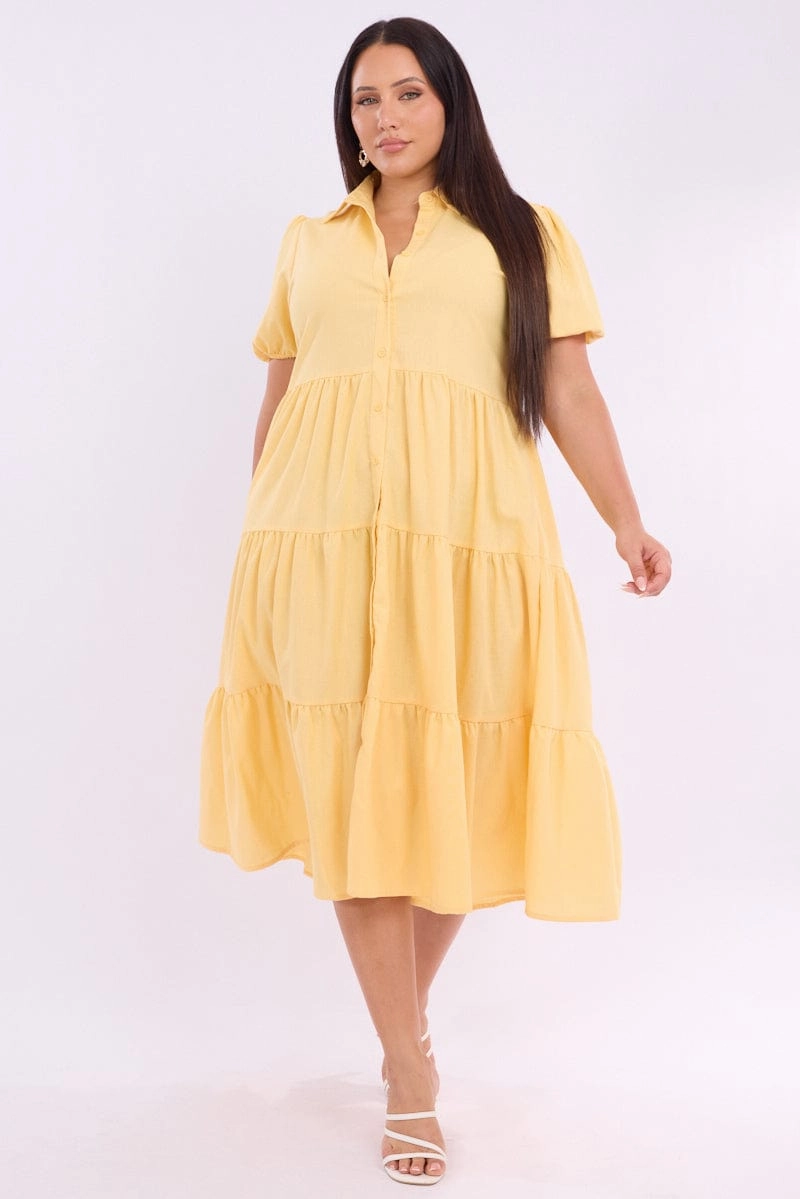 Office Fit Soft fabric piece Yellow Midi Dress Short Sleeve Shirt