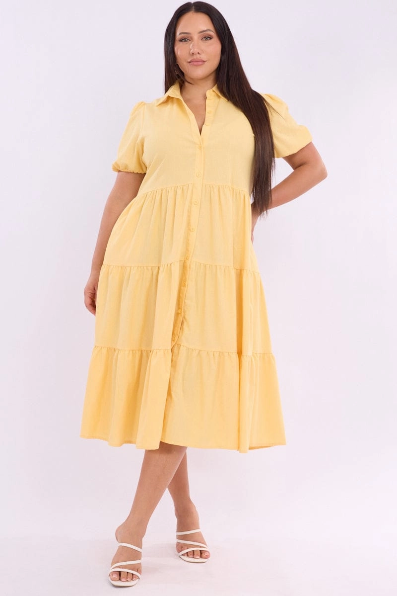Chic and Flattering Night Charm Yellow Midi Dress Short Sleeve Shirt