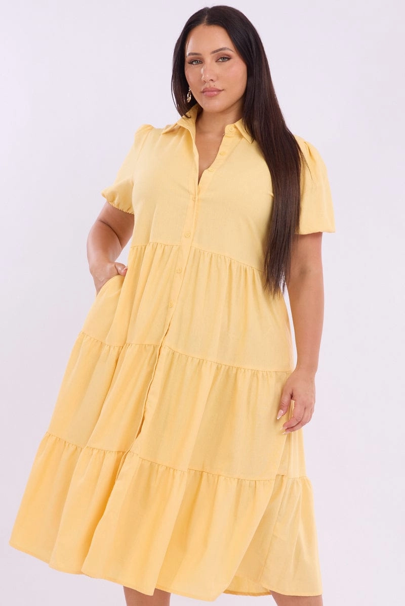 Silky-Feel Yellow Midi Dress Short Sleeve Shirt