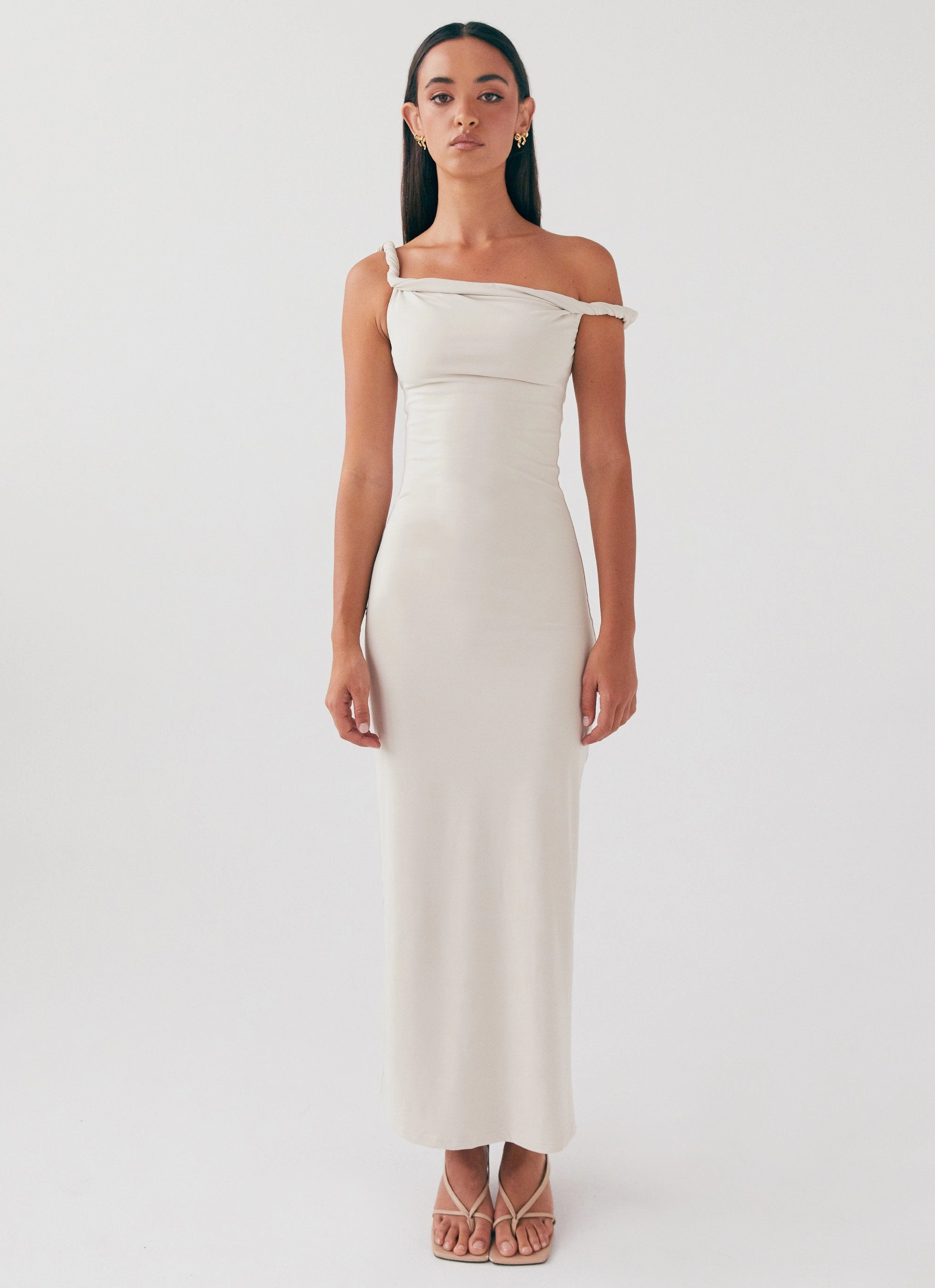 Arabella Twist Shoulder Maxi Dress - Beige Fashion-Forward Fit Fashionable Cut