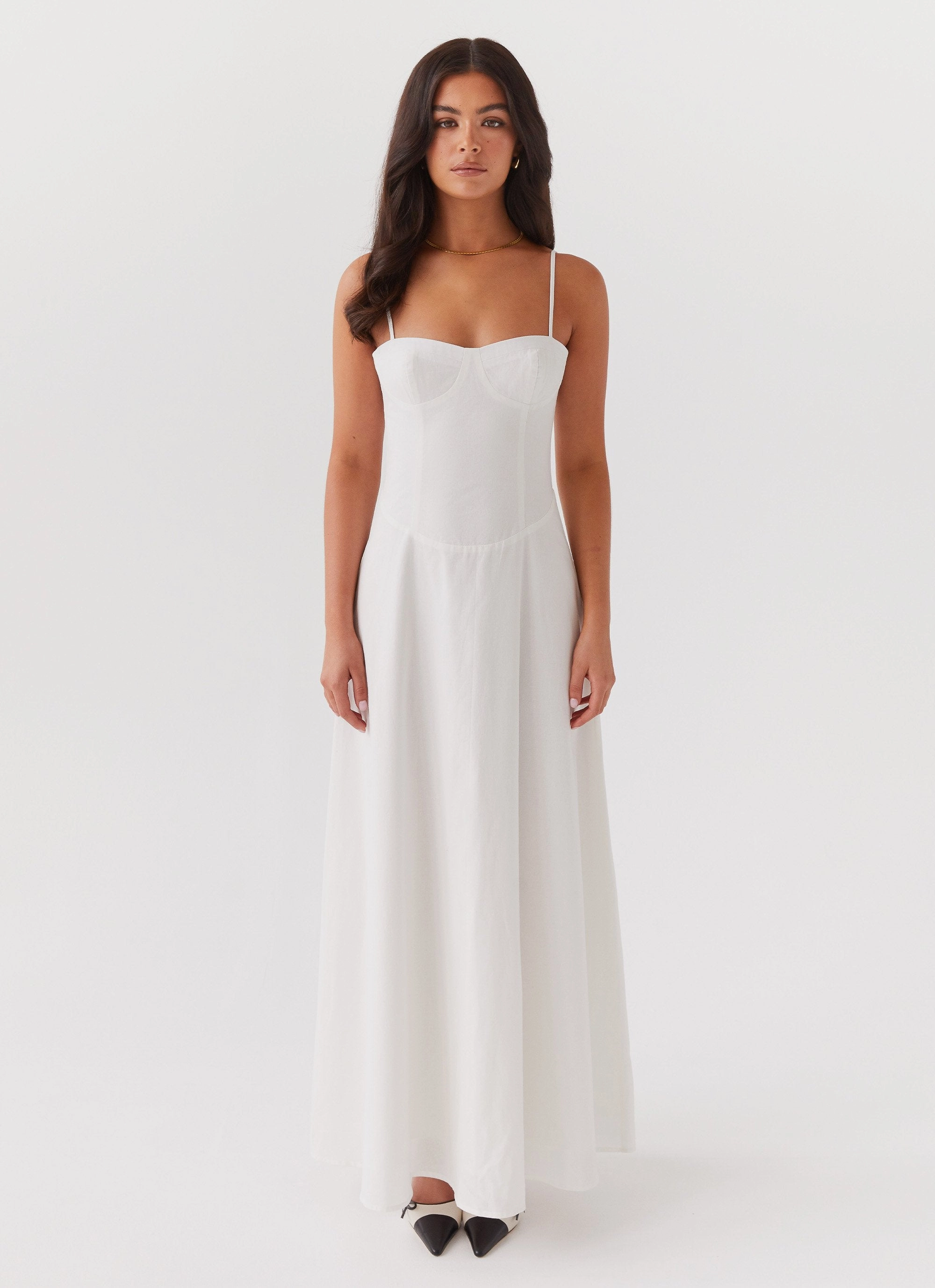 Vibrant color dress Belt Waist Angelina Linen Maxi Dress - White