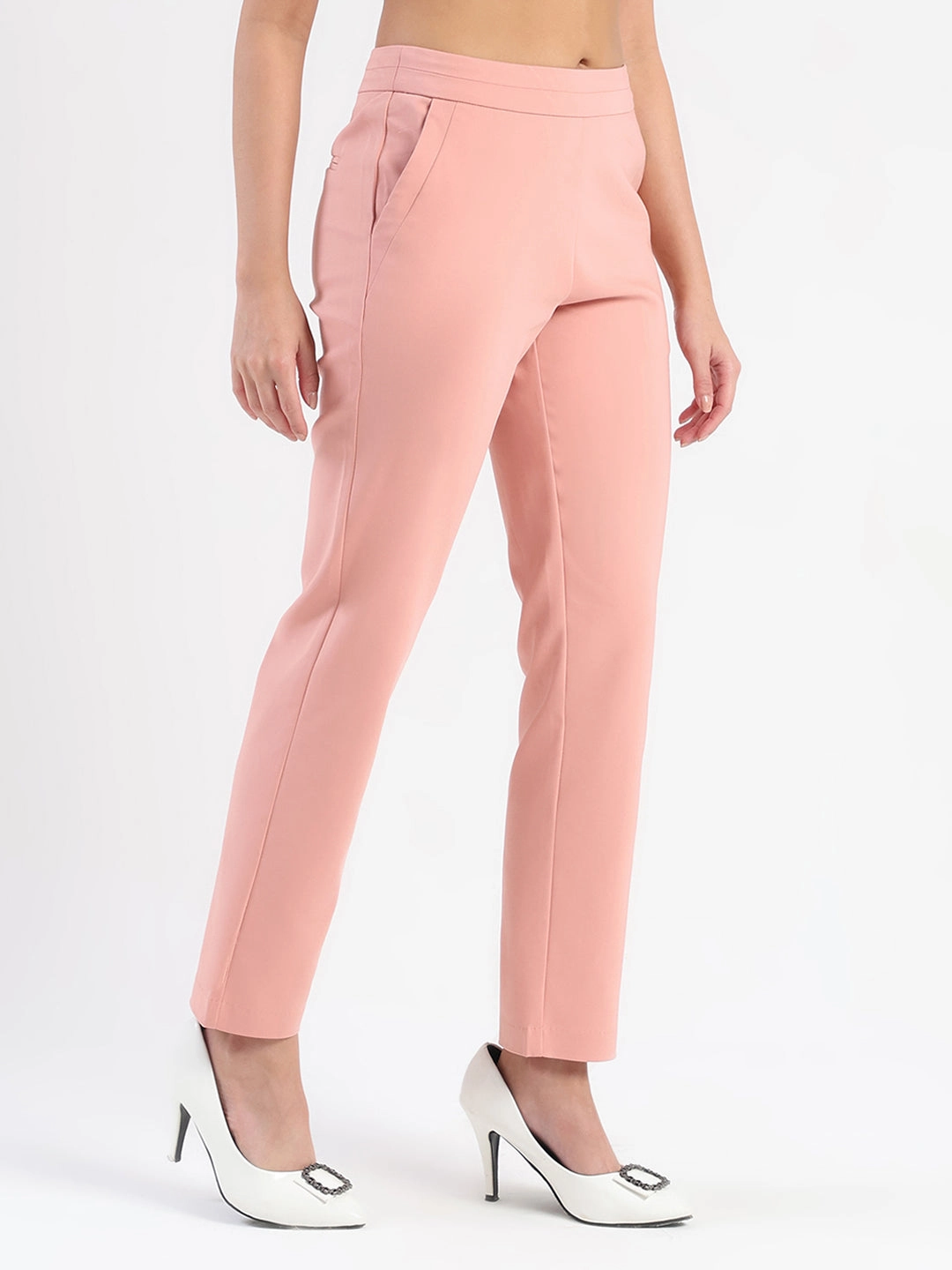 Madame High-Waist Cotton Blend Pink Trousers Ripstop Texture