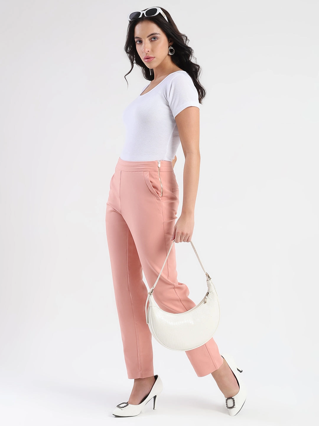 Sport Wear Fit Practical Wear Madame High-Waist Cotton Blend Pink Trousers