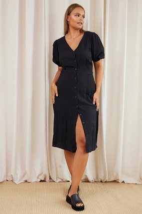 Black Midi Dress V-neck Puff Sleeve Profile Enhancer