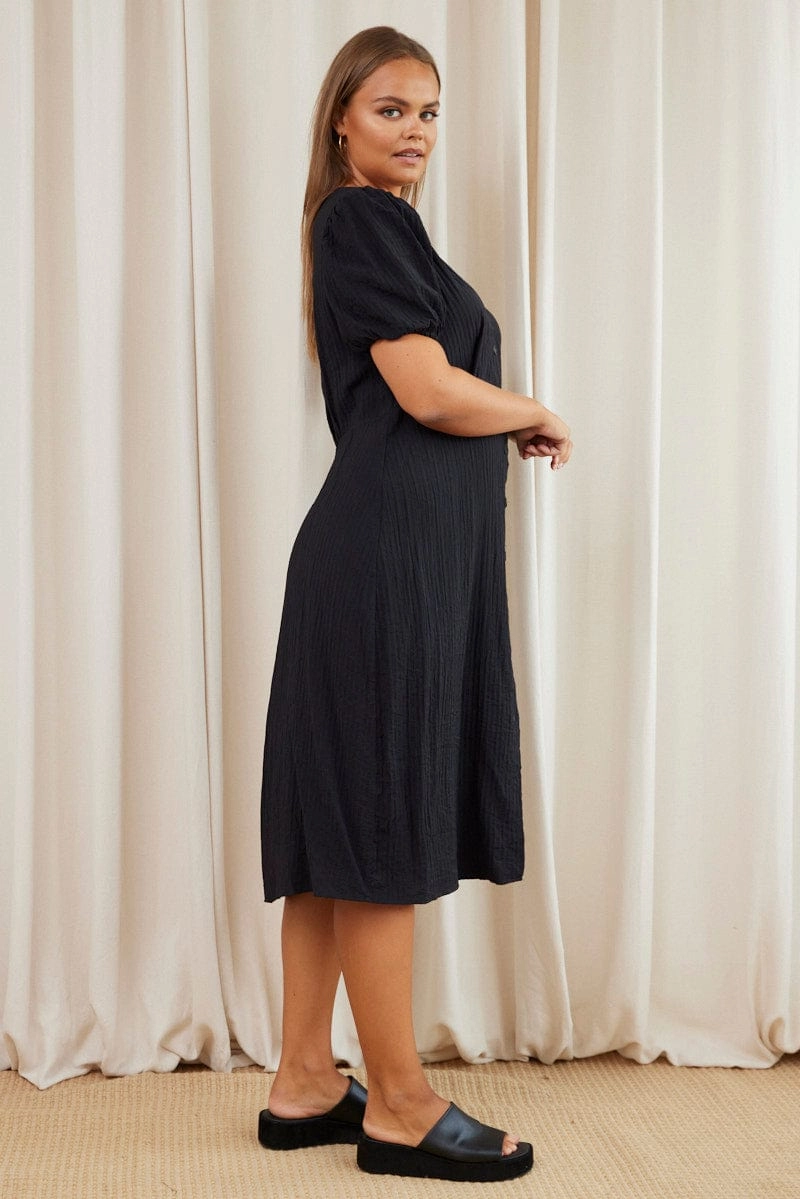 Retro Detail Crisp Silhouette Black Midi Dress V-neck Puff Sleeve