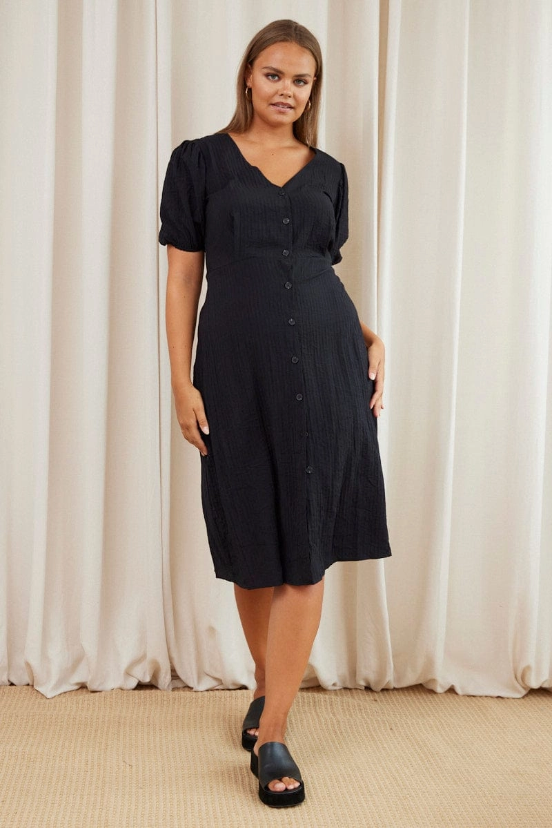 Black Midi Dress V-neck Puff Sleeve Villa Mood Farm Scene