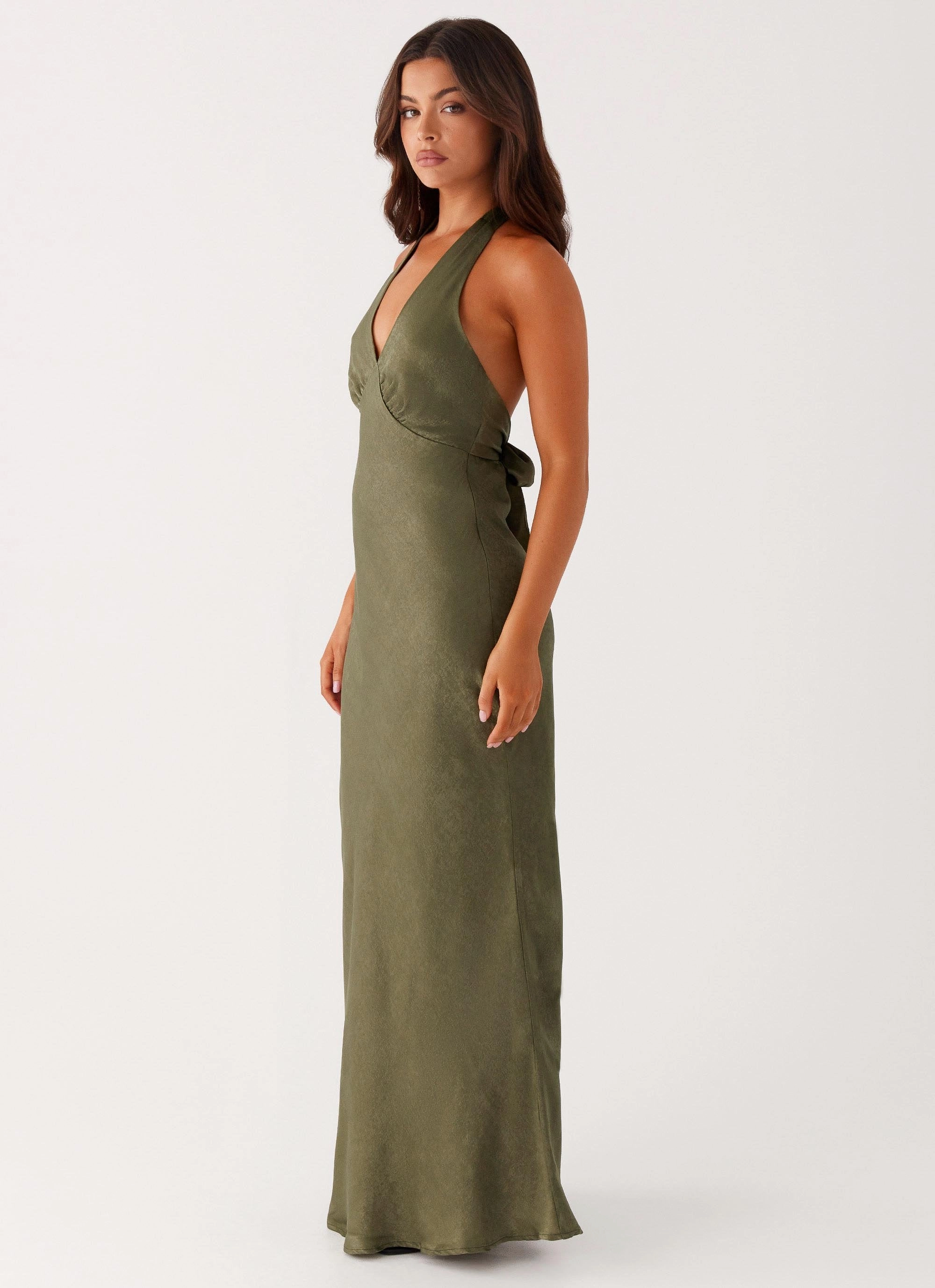 Crisp Finish Heavy Hearted Satin Maxi Dress - Khaki