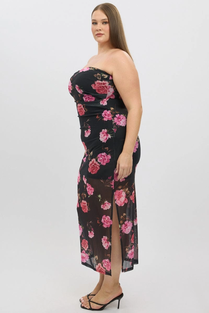 Simple Form Black Floral Mesh Strapless Bodycon Dress