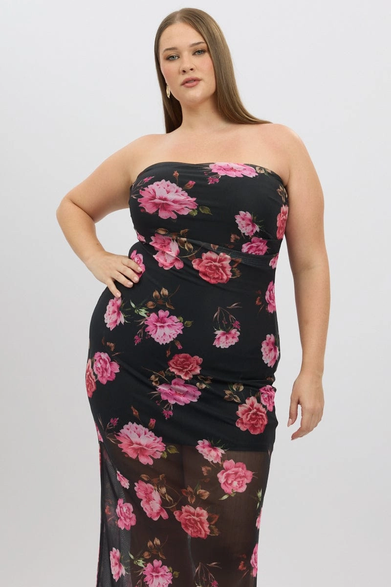 Sleek Outline Breathable Black Floral Mesh Strapless Bodycon Dress