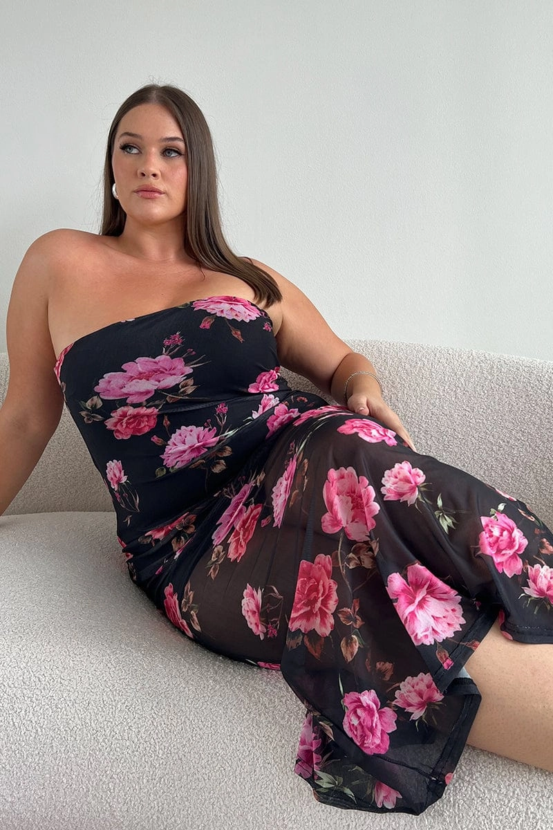 Black Floral Mesh Strapless Bodycon Dress Casual Feel