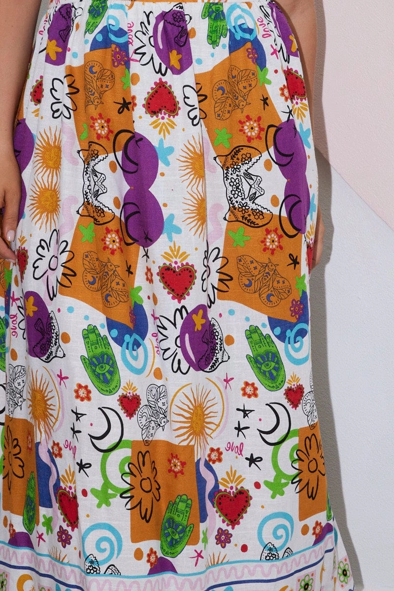 Unique Print Multi Abstract Midi Dress Sleeveless Linen Blend