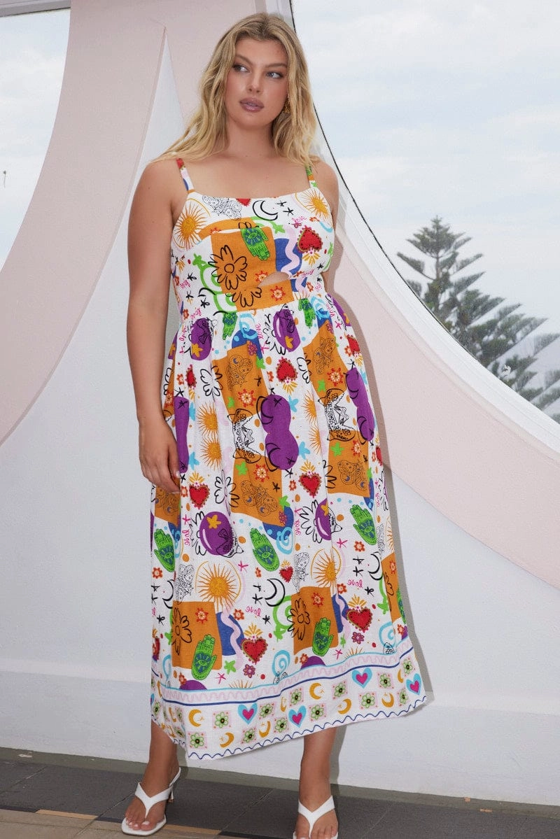 Street Flex Multi Abstract Midi Dress Sleeveless Linen Blend