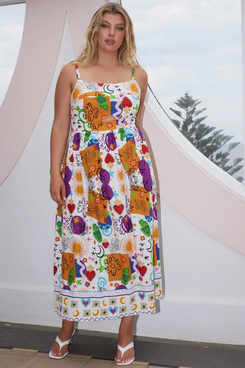 Multi Abstract Midi Dress Sleeveless Linen Blend Oversized-Fit Soft Contour