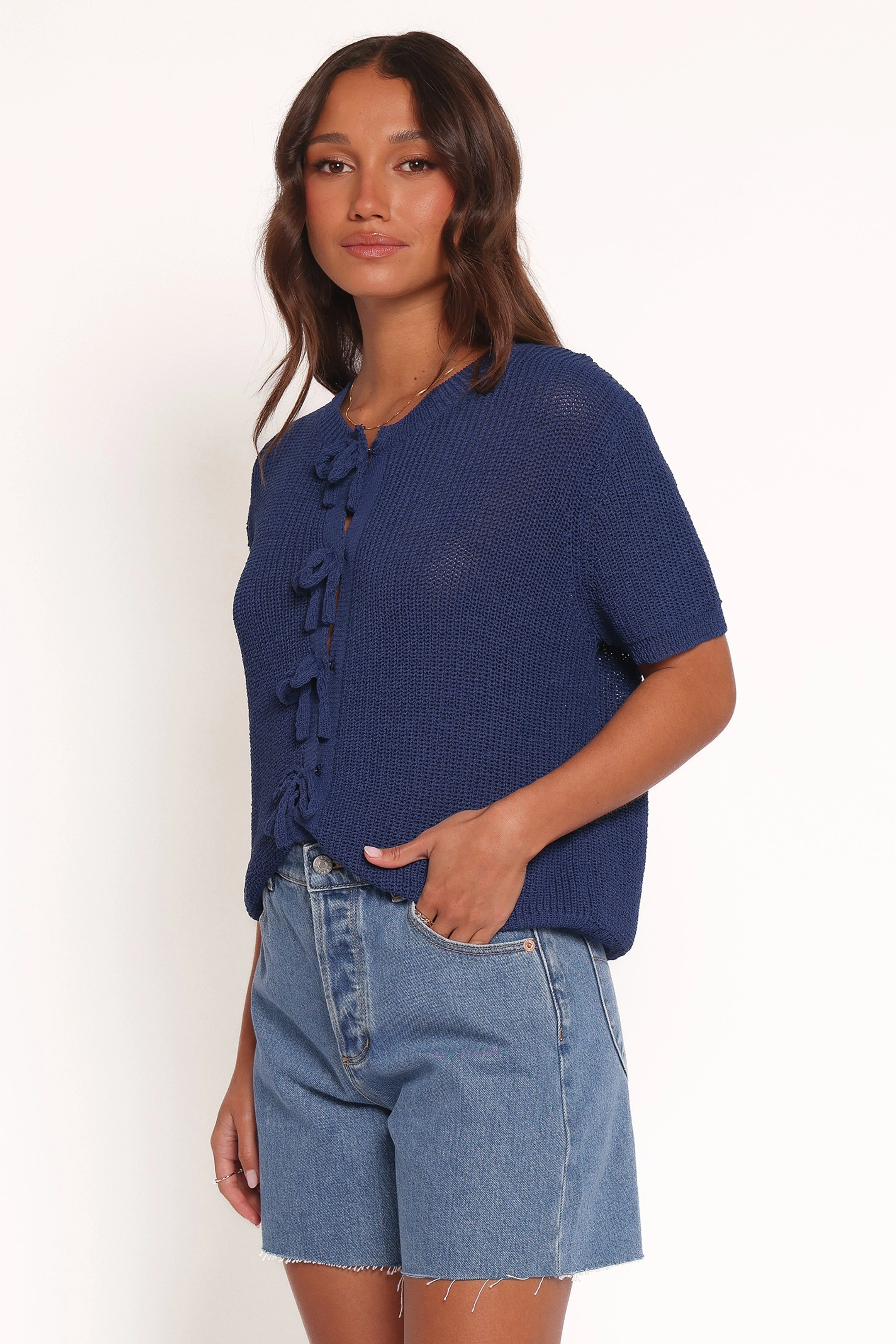 Gemma Short Sleeve Bow Cardigan - Navy High Elasticity Fiber