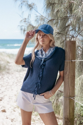 Cashmere Blend Gemma Short Sleeve Bow Cardigan - Navy