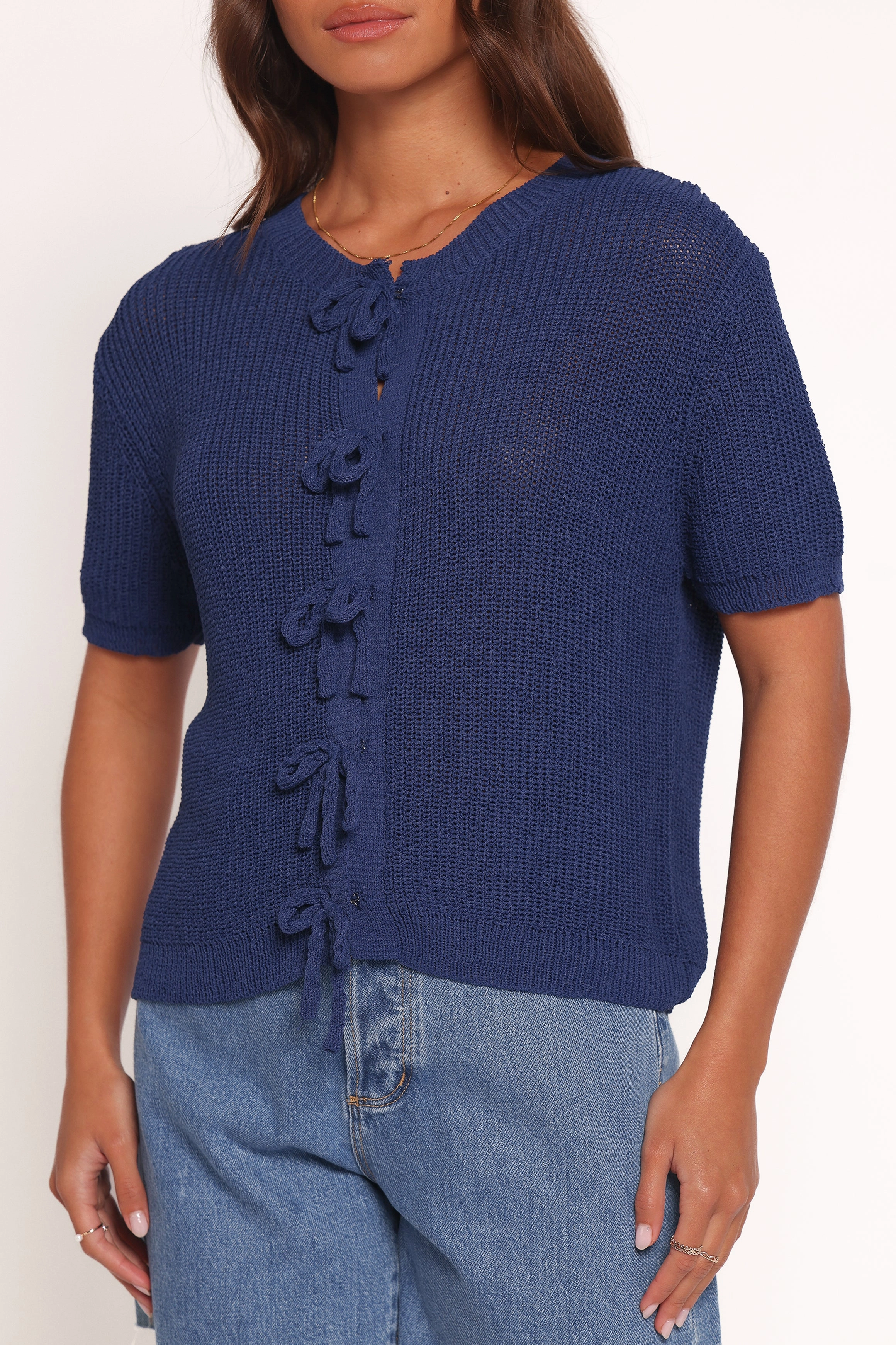 Simple Silhouette Gemma Short Sleeve Bow Cardigan - Navy