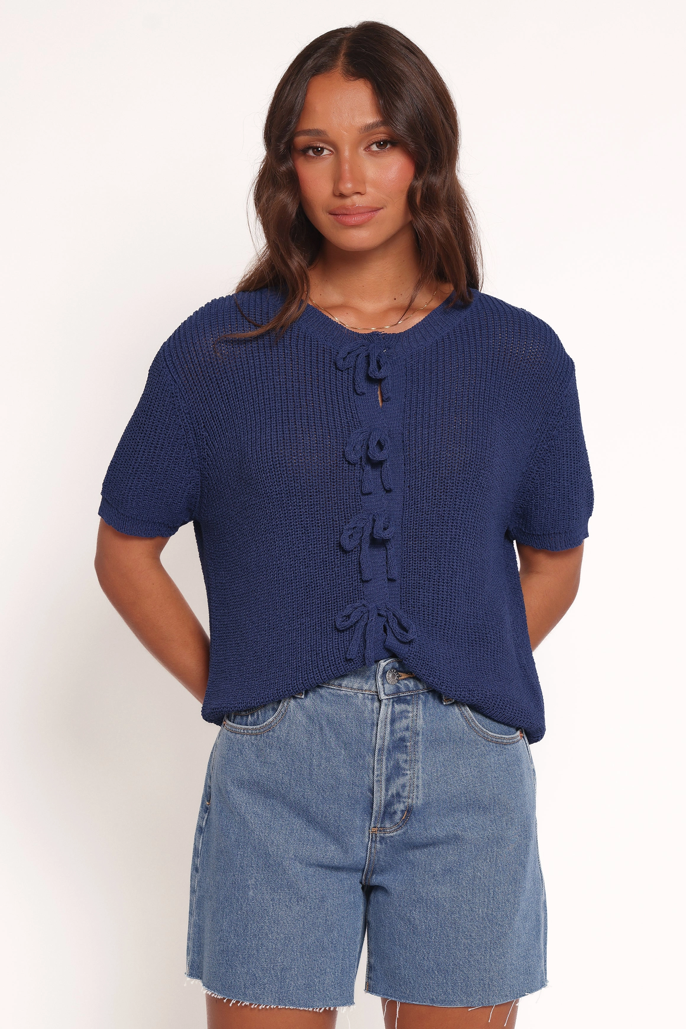 Gemma Short Sleeve Bow Cardigan - Navy Simple Aesthetic Ribbed Edging