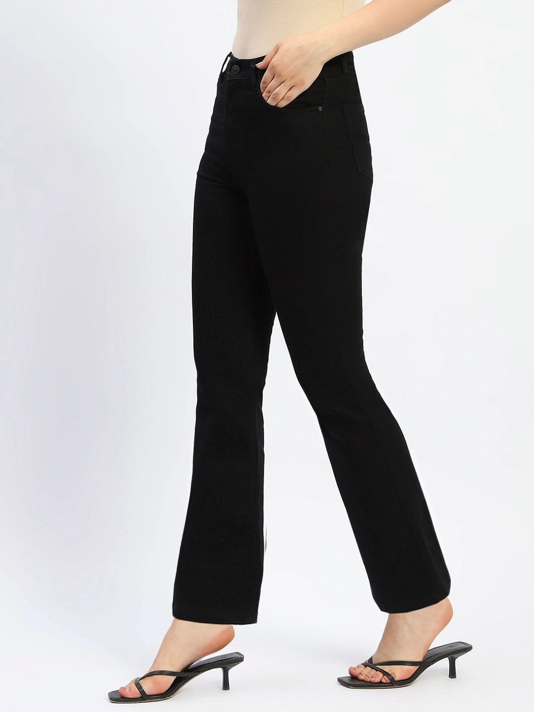 Madame Flared Solid Black Cotton Blend Denim Clean Fashion Multipurpose Utility Pockets