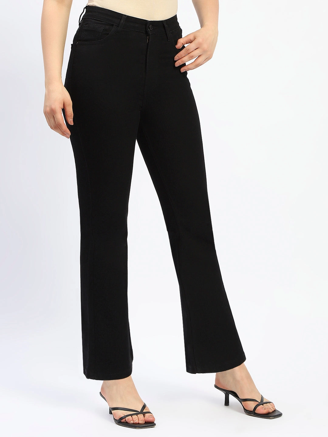 Madame Flared Solid Black Cotton Blend Denim Modern Silhouette