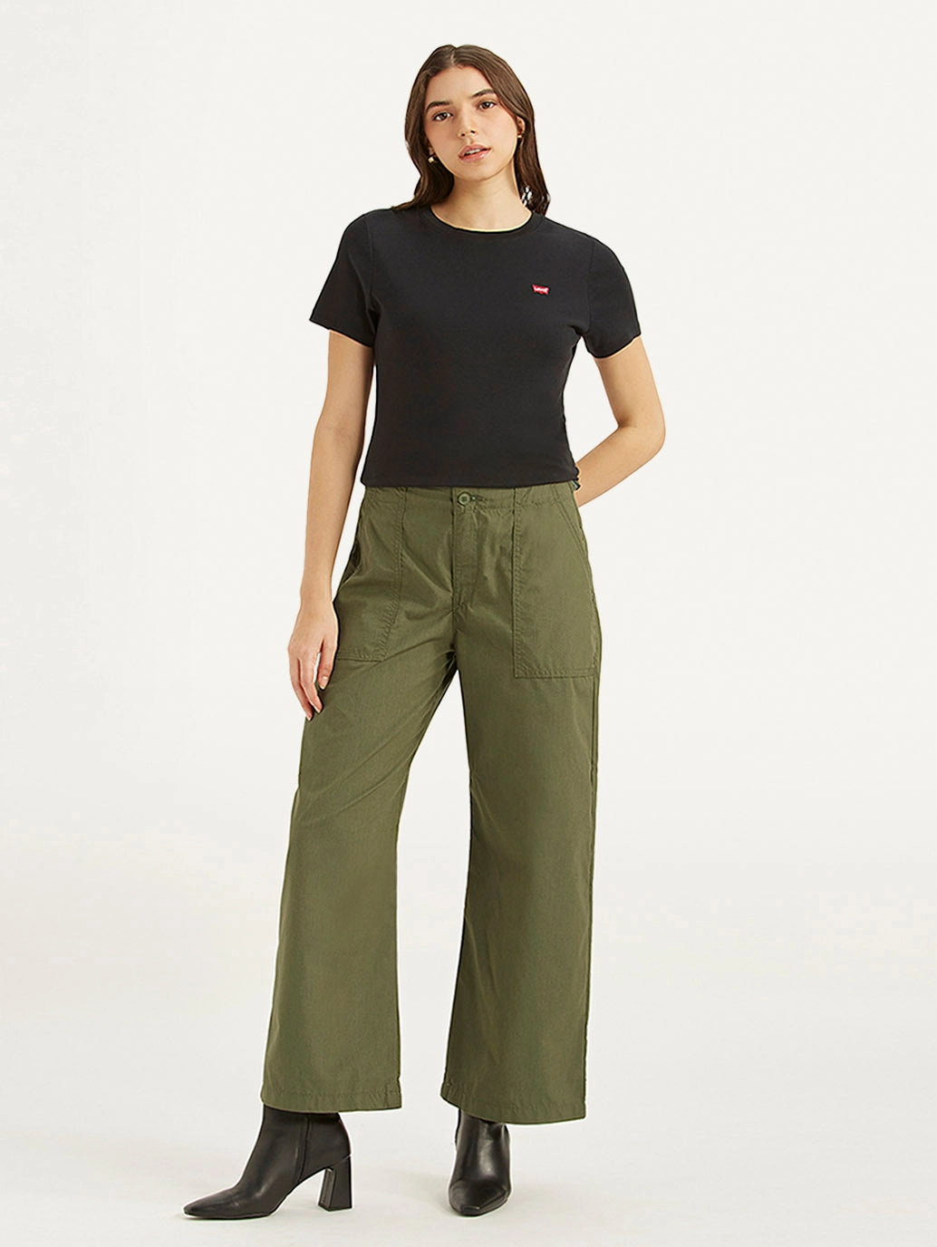 Women's Mid Rise Olive?Baggy Cargo Trousers Breathable Lining Stretch Movement