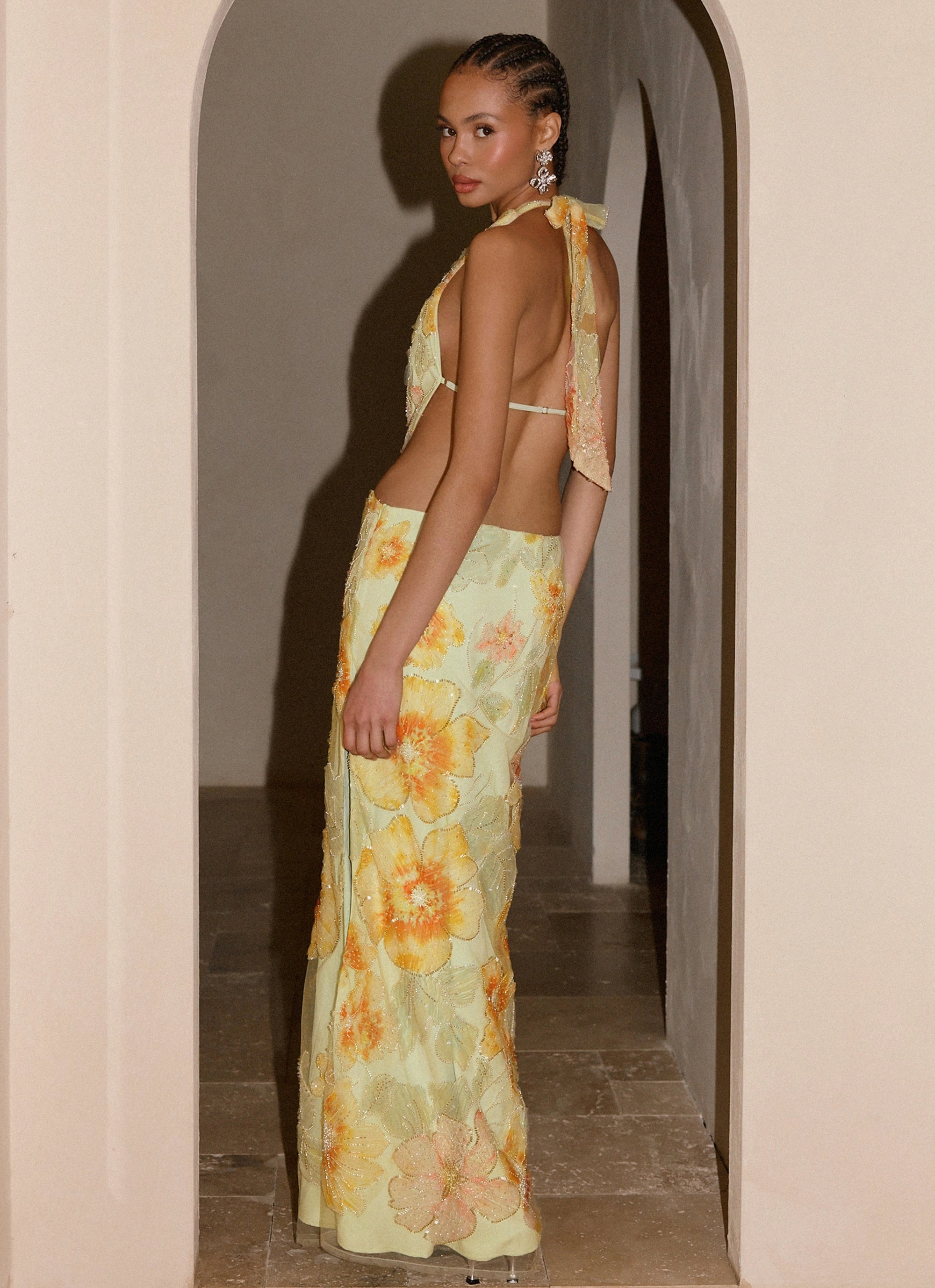 Really Something Beaded Maxi Dress - Green Floral Beaded Work Ready