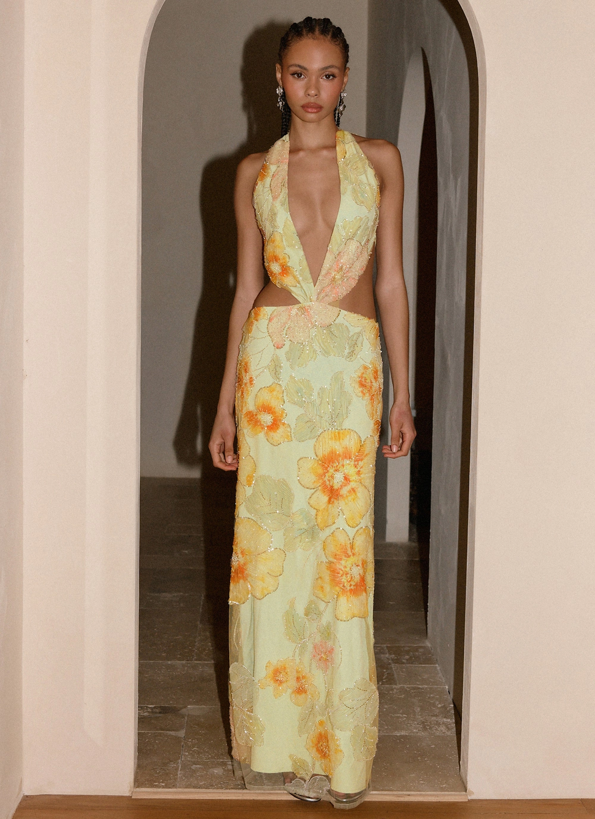 Figure-Skimming Really Something Beaded Maxi Dress - Green Floral Beaded