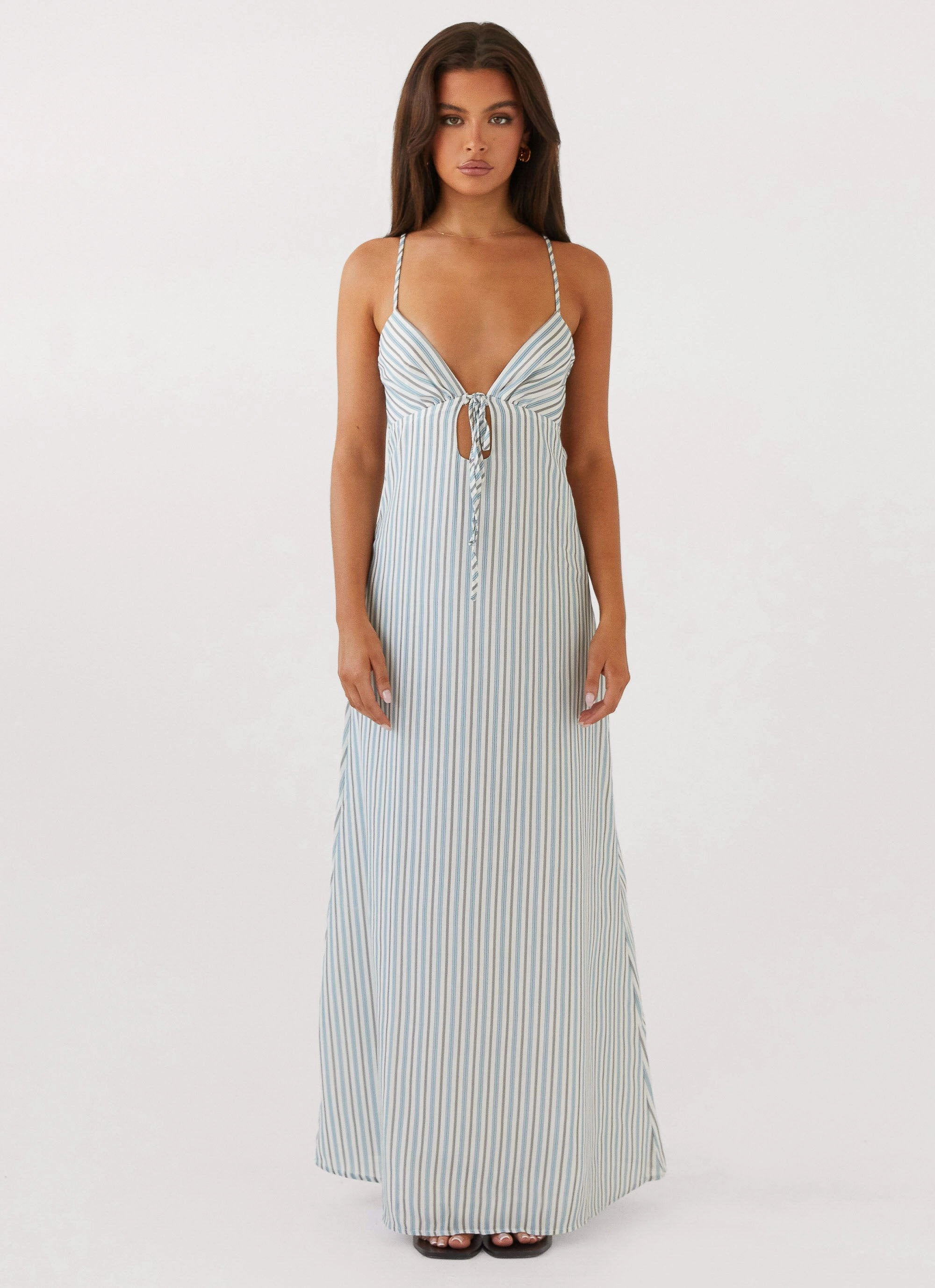 Trendy Appearance Urban Feel Flora Linen Maxi Dress - Blue Choc Stripe