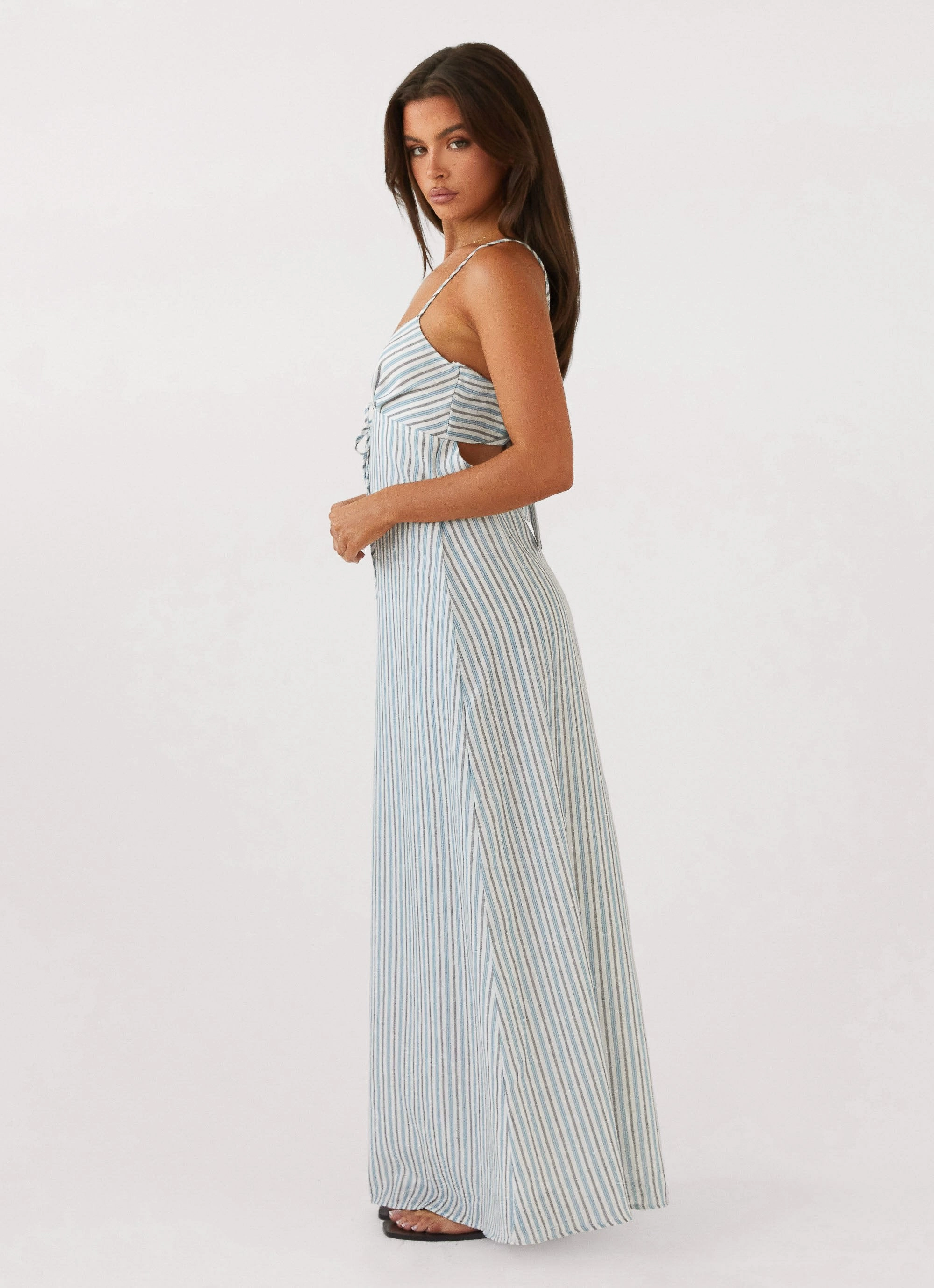Flora Linen Maxi Dress - Blue Choc Stripe Zip Ease