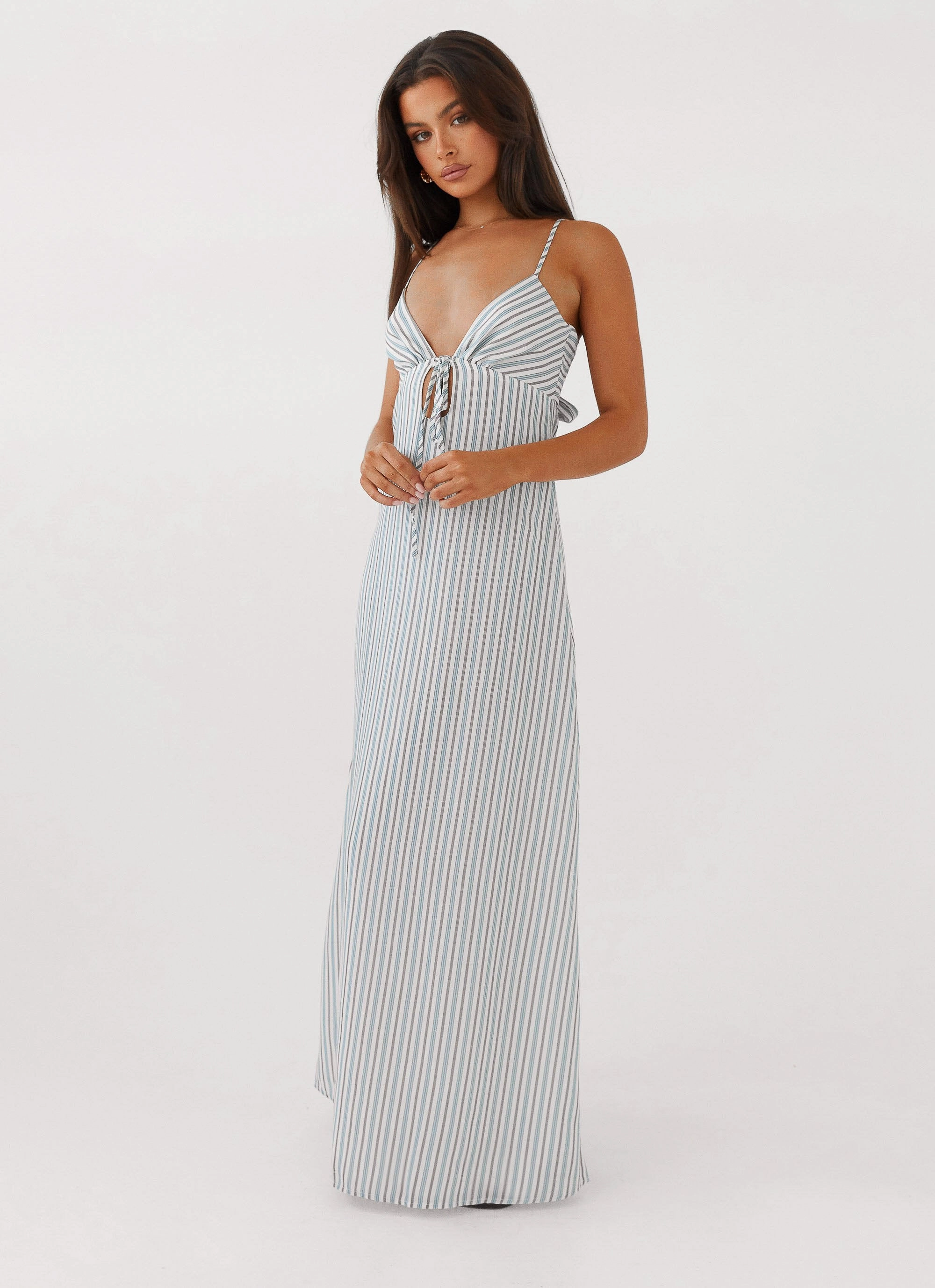 Flora Linen Maxi Dress - Blue Choc Stripe Fashionable Style Crisp Texture