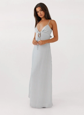 Flora Linen Maxi Dress - Blue Choc Stripe Fashionable Style Crisp Texture