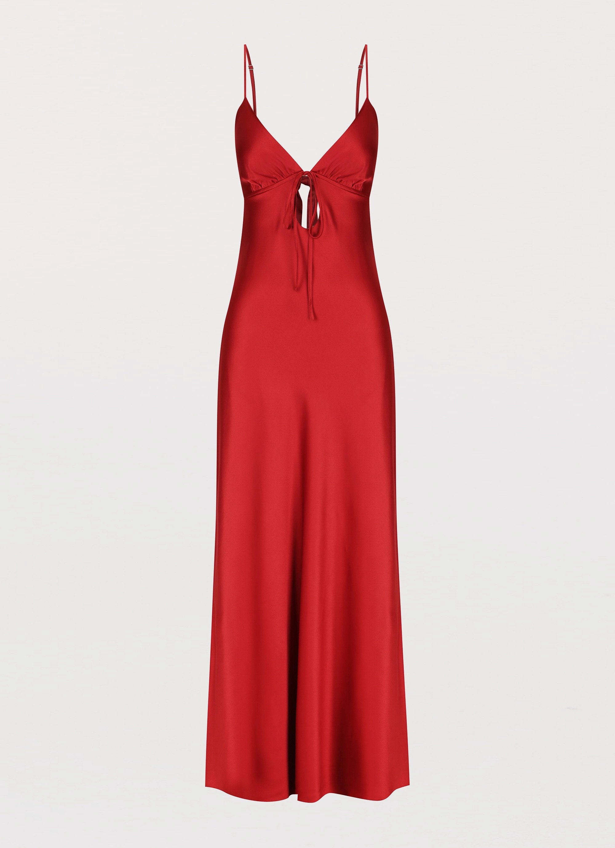 Piped-Edge Coastal Chic Flora Satin Maxi Dress - Cherry