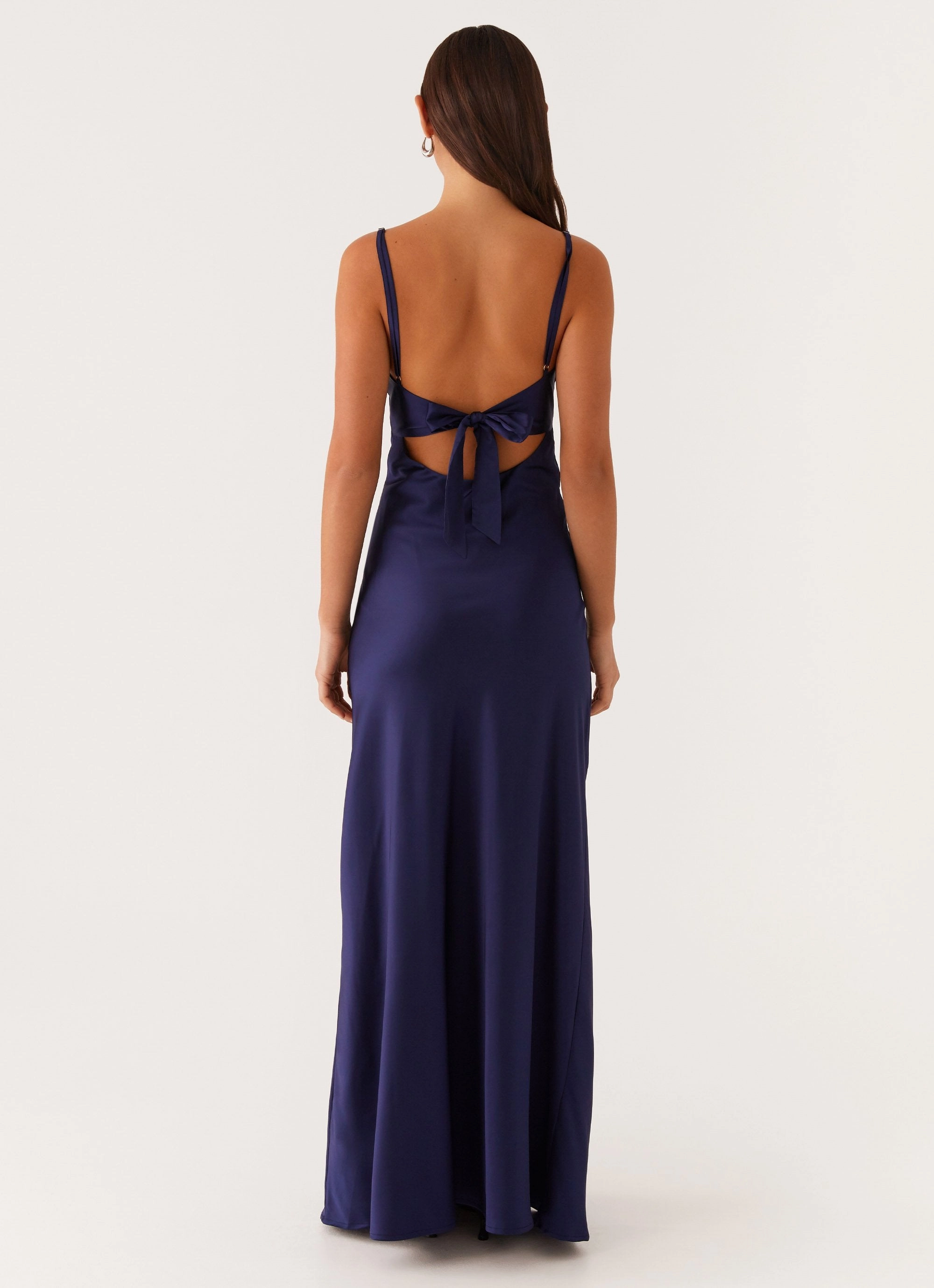 Elastic-Waist Flora Satin Maxi Dress - Navy