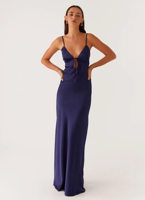 flowy style Seasonal Layering Flora Satin Maxi Dress - Navy