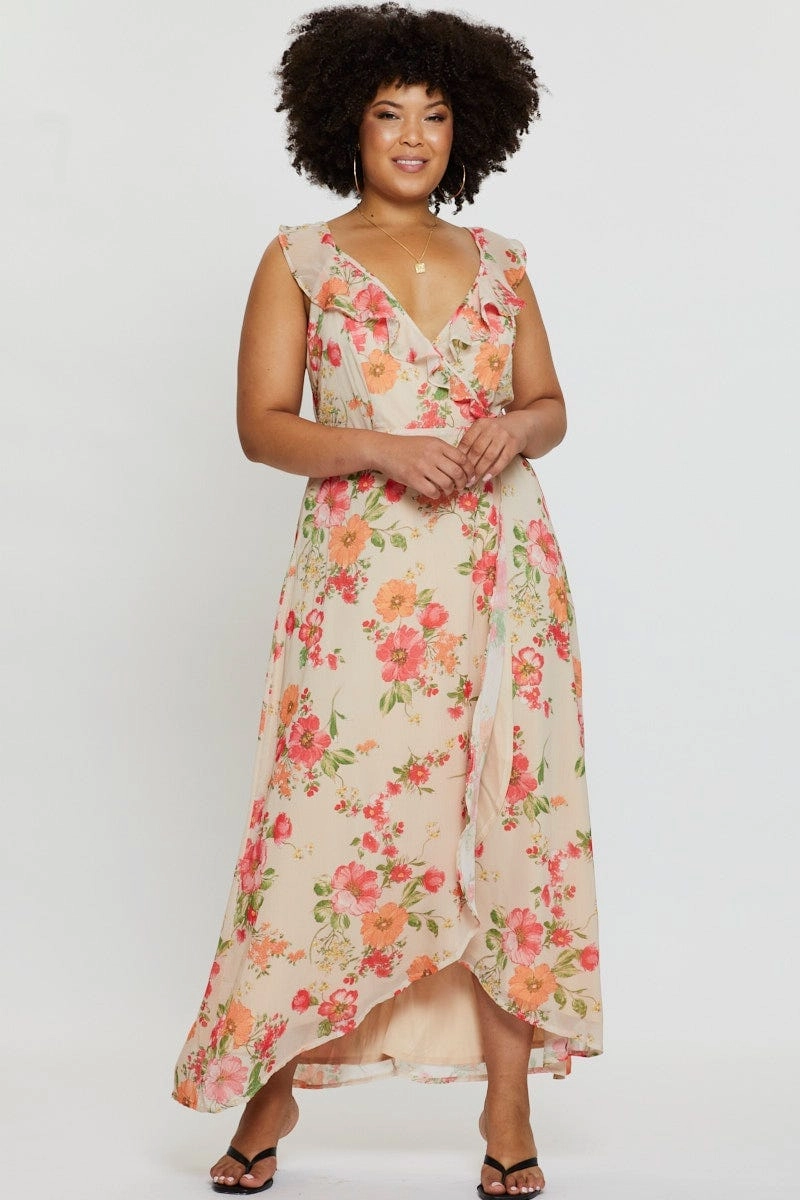 Relaxed Mood Casual-Look Floral Print Maxi Dress V-neck Sleeveless