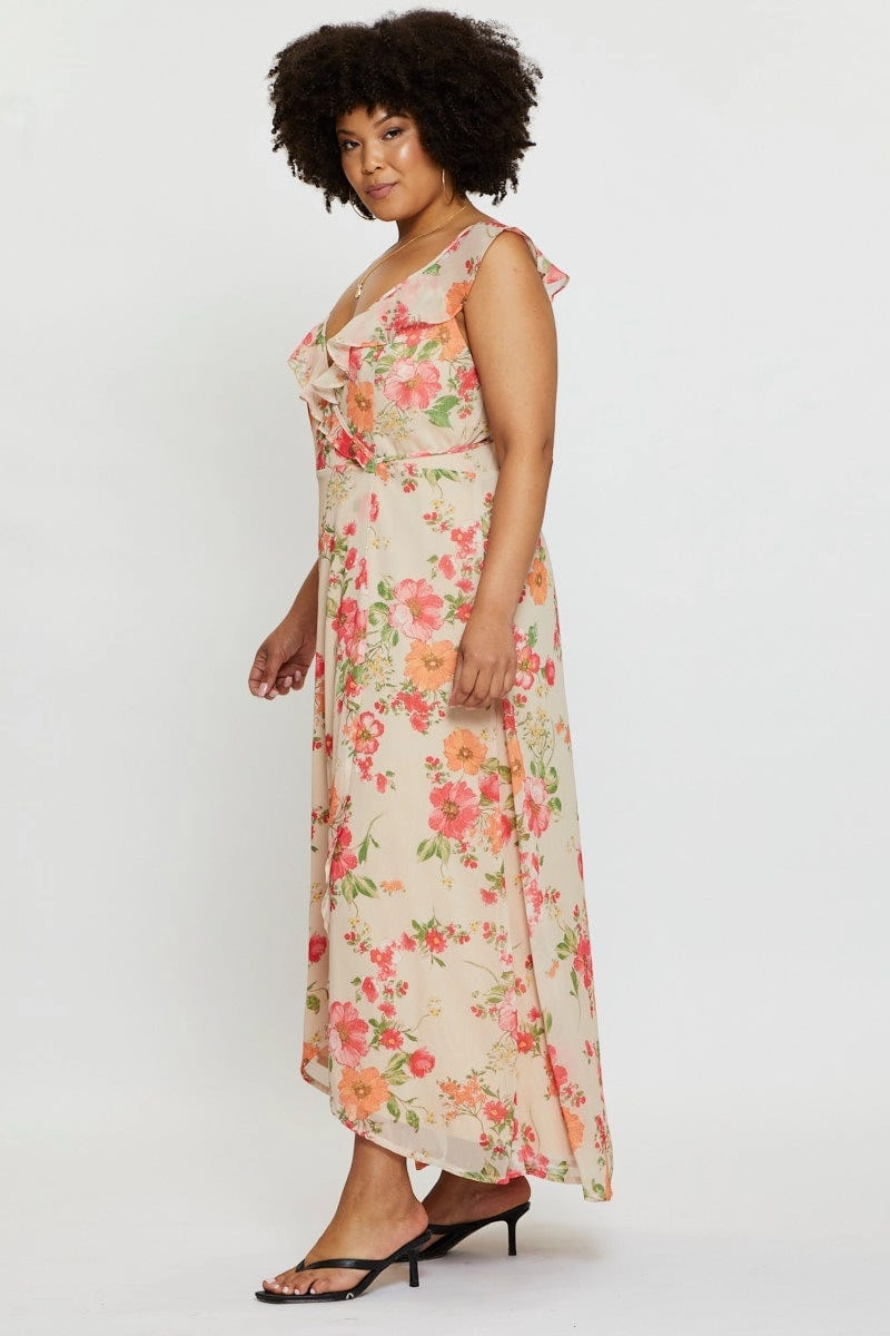Floral Print Maxi Dress V-neck Sleeveless Breezy Comfort Formal-look