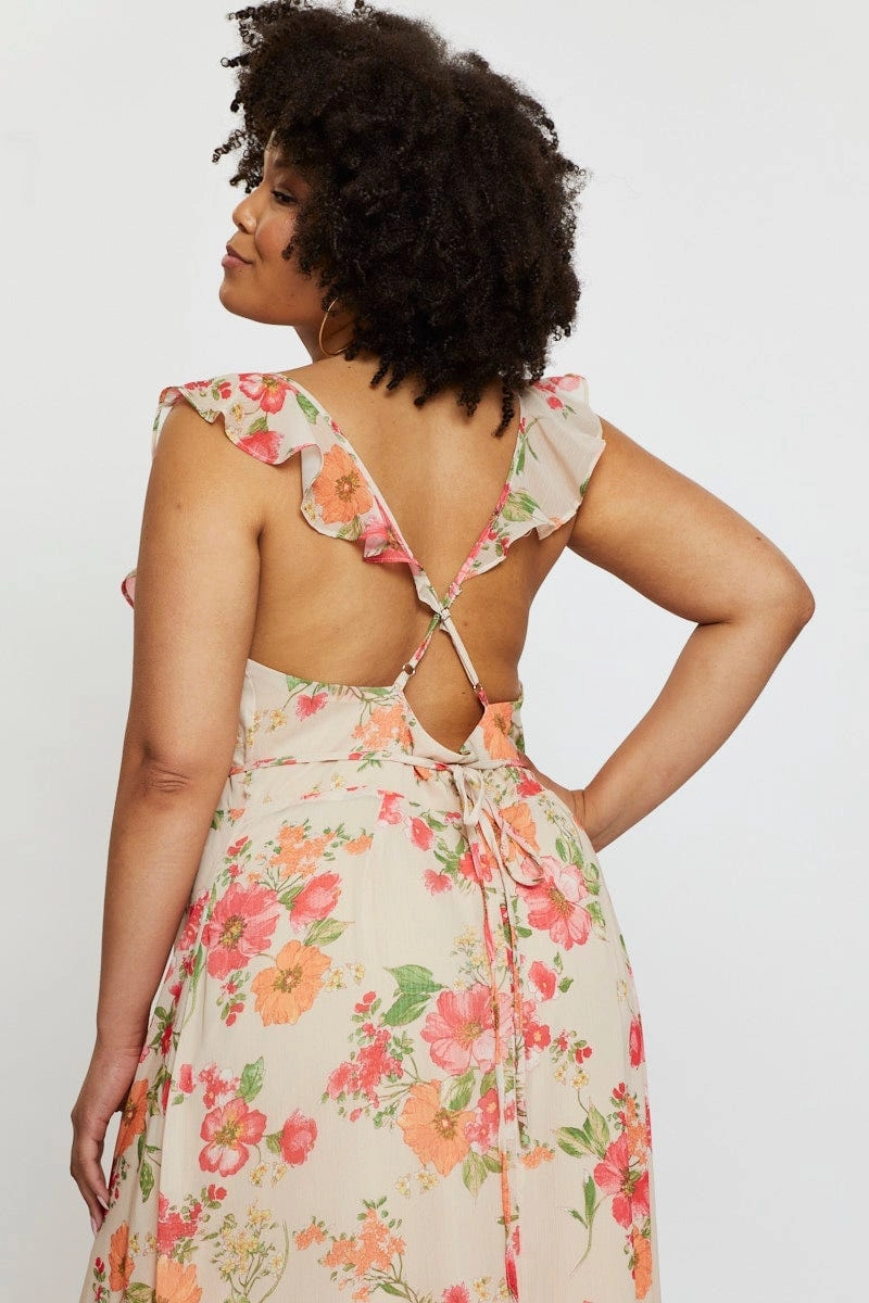 Floral Print Maxi Dress V-neck Sleeveless Mesh Soft