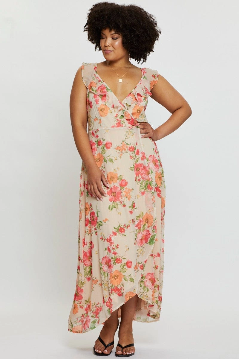 Floral Print Maxi Dress V-neck Sleeveless Tear-resistant