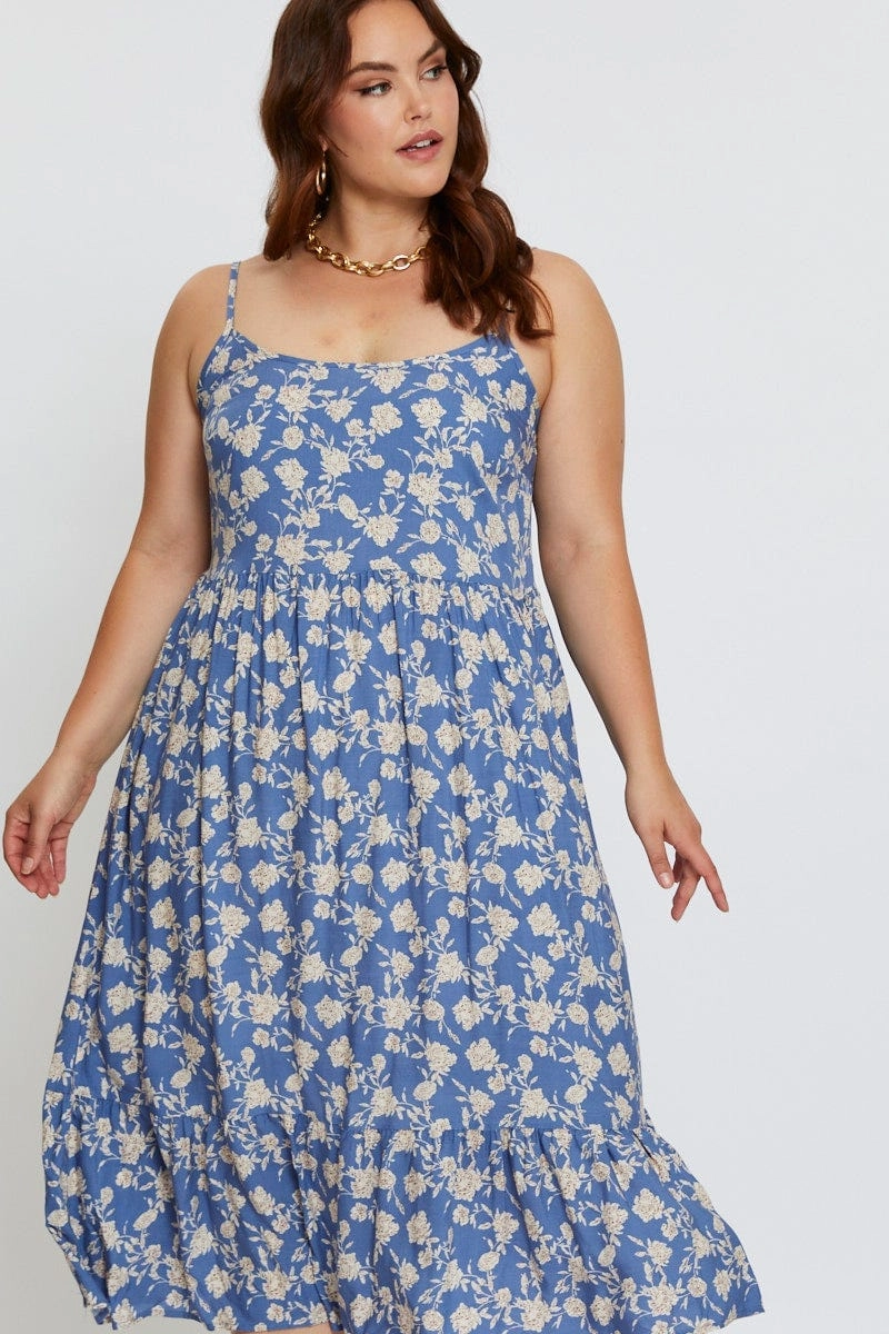 Easy Mood Flawless Waistband Fit Floral Print Midi Dress Square Neck Sleeveless