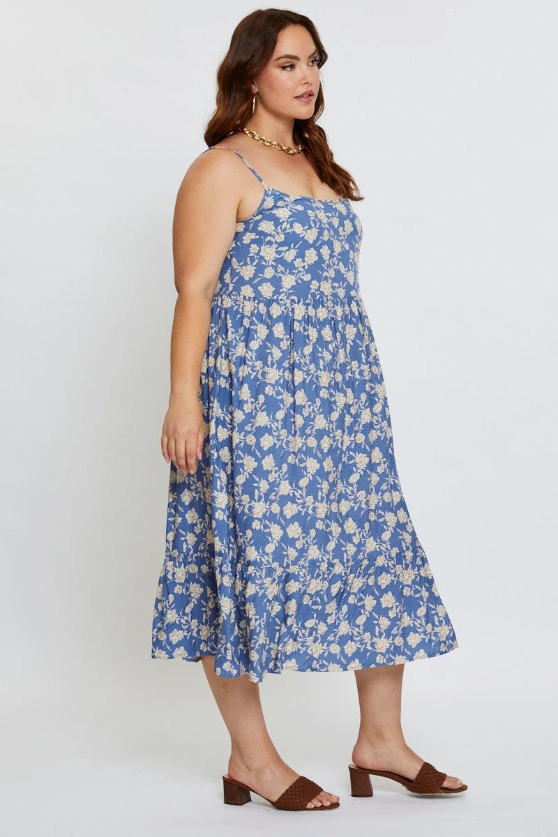 Floral Print Midi Dress Square Neck Sleeveless Quick Fit Stylish party wear