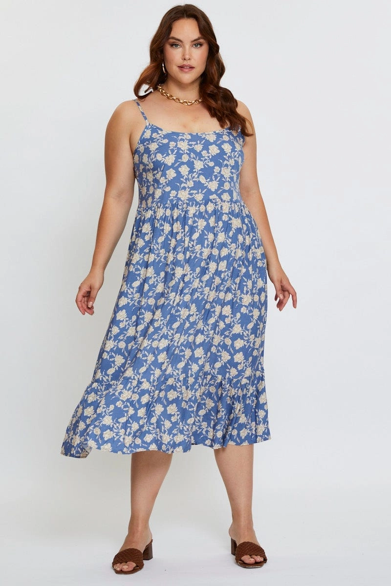 Calm Drape Floral Print Midi Dress Square Neck Sleeveless