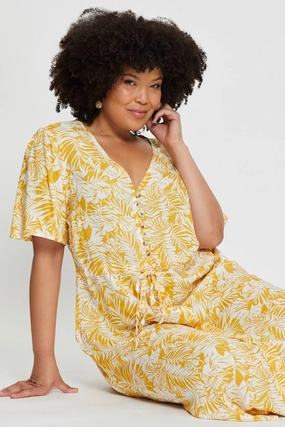 Floral Print Midi Dress V-neck Short Sleeve Feminine Charm Bloom Zone