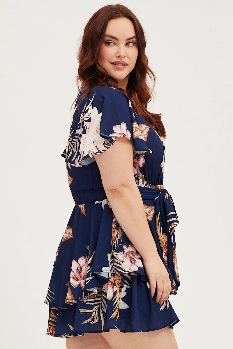 Floral Print Mini Playsuit Short Sleeve Structured Fit